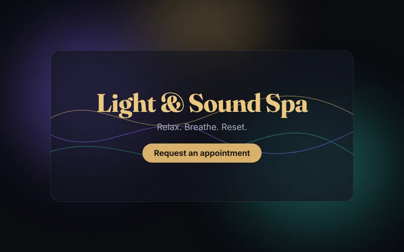 Preview of the Light and Sound Spa site: gold lettering on a dark, glowing background