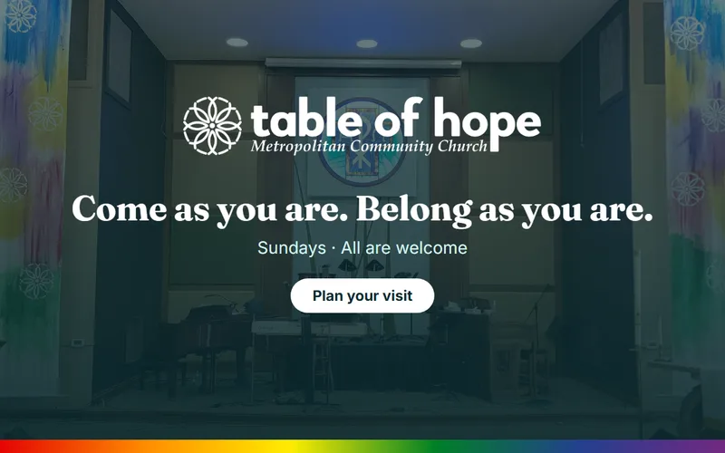 Preview of the Table of Hope Metropolitan Community Church site over a photo of the sanctuary
