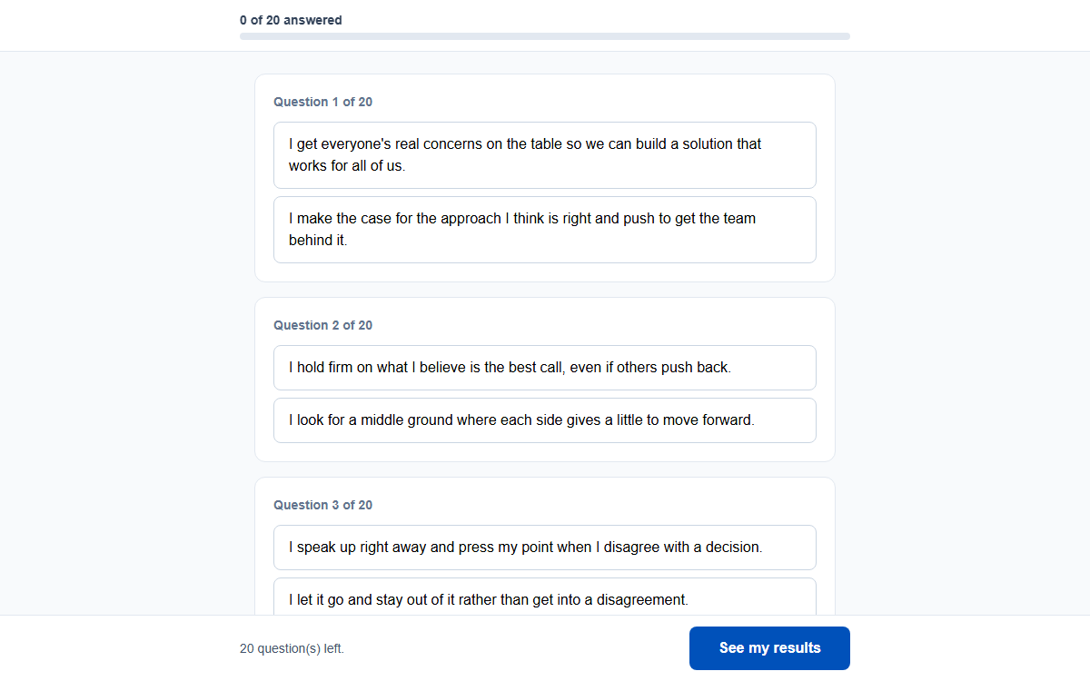 Screenshot of the Conflict Style Assessment quiz
